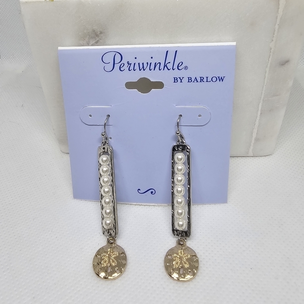 🦋 Periwinkle Gold Bar Faux Pearl Sand Dollar Dangle Earrings